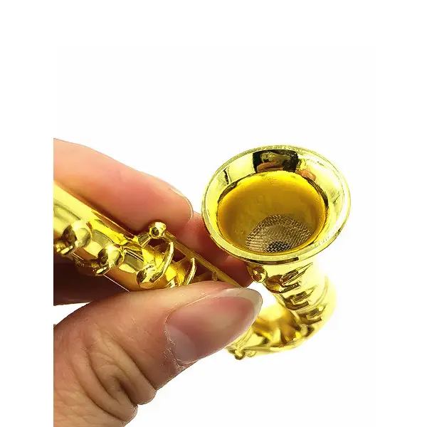 2PCS Golden Saxophone Shape Metal Smoking Pipe with Screen - Image 2