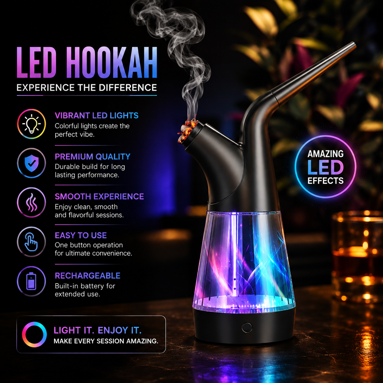 Sleek Dual-Filter Zinc Alloy Water Pipe with LED Lighting